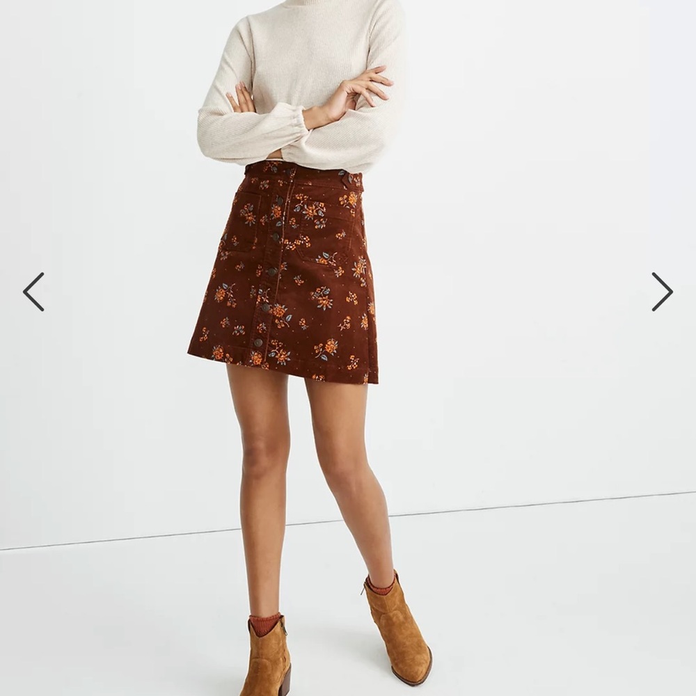 Madewell Corduroy A-Line Mini Skirt in Forest Floral Patch Pocket size 16